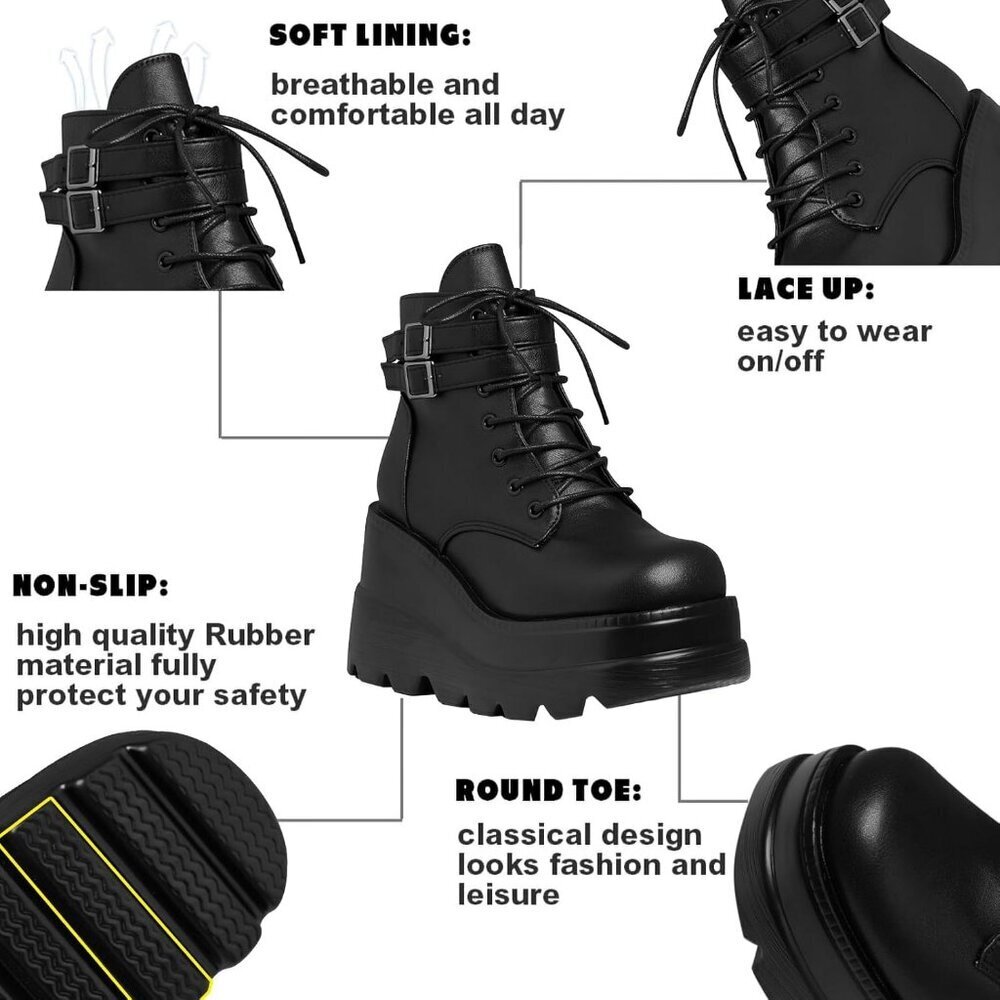 Women Synthetic 4-Black Chunky High Heel Lace Up Motorcycle Combat Boots - Picture 3 of 7